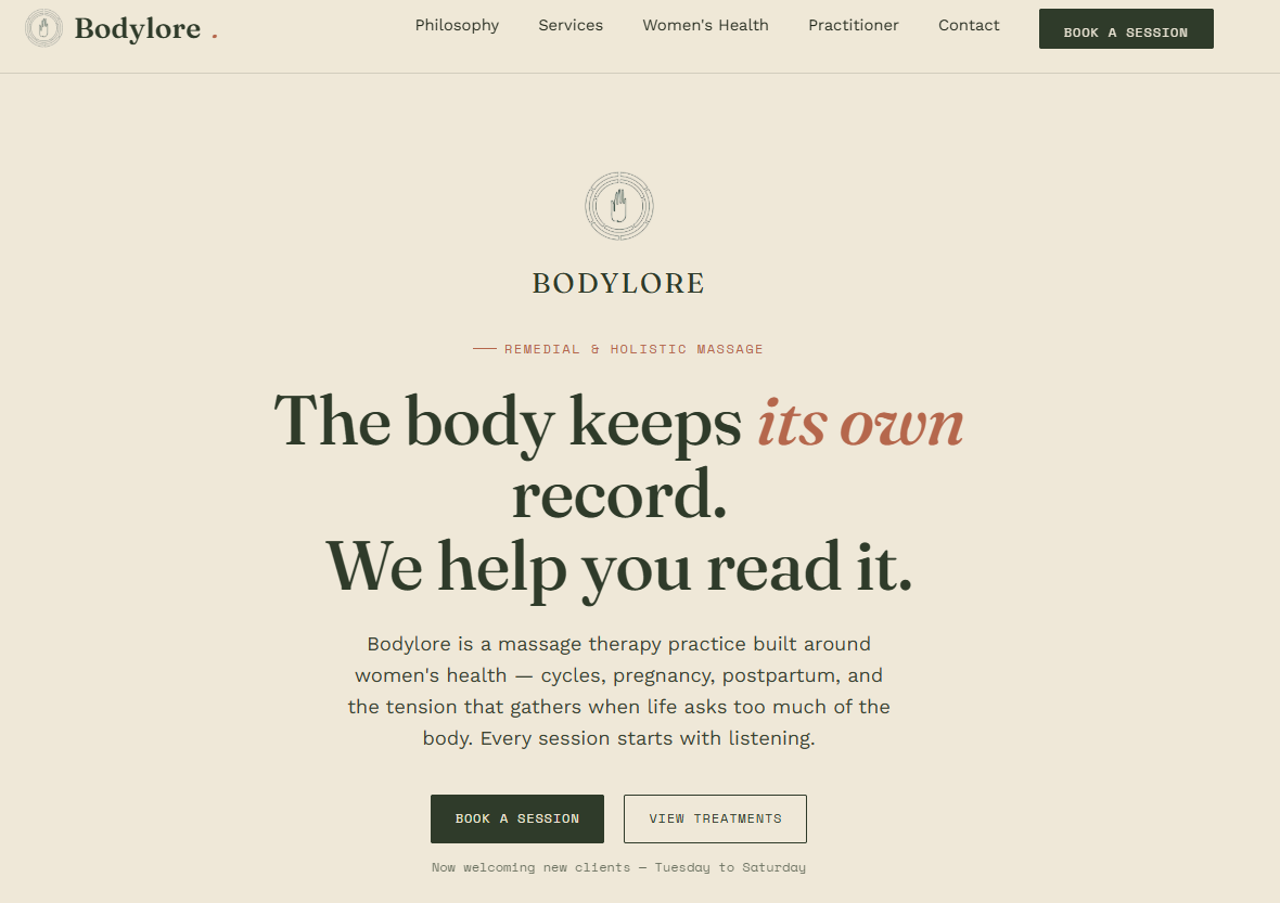 Bodylore website homepage